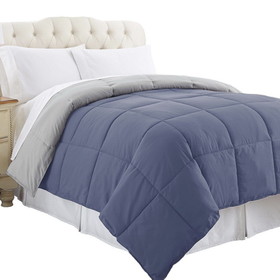 Benzara BM202055 Genoa Reversible King Comforter with Box Quilted The Urban Port, Silver and Blue