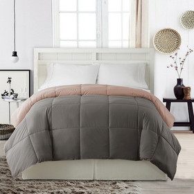 Benzara BM202057 Genoa King Size Box Quilted Reversible Comforter, Gray and Pink