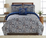 Benzara BM202742 Caen 8 Piece Printed Queen Reversible Comforter Set, Gray and Blue
