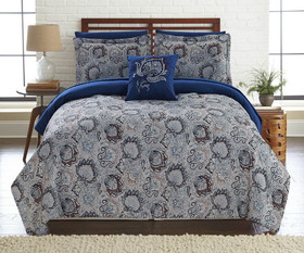 Benzara BM202742 Caen 8 Piece Printed Queen Reversible Comforter Set, Gray and Blue