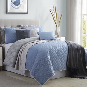 Benzara BM202793 Andria 10 Piece Queen Size Comforter and Coverlet Set The Urban Port, Blue and Gray