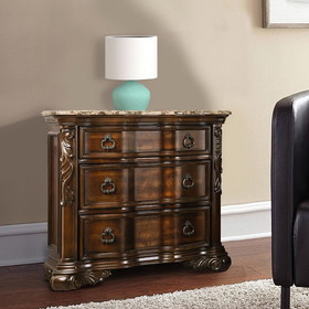 Benjara BM203261 3 Drawer Wooden Nightstand with Marble Top and Scrolled Legs, Brown