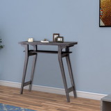 Benjara BM204124 2 Tier Wooden Console Table with Slanted Leg Support in Distressed Gray