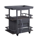 Benjara BM204490 Metal Serving Cart with 1 Door Storage and 2 Tray Shaped Shelves, Gray