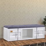 Benjara BM204611 Metal Bench with Open Storage and Tufted Fabric Seat, White and Gray
