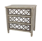 Benjara BM204750 Quatrefoil Wooden Storage Cabinet with 3 Drawers, Brown and Silver