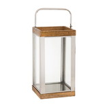 Benjara BM205196 Wood and Metal Lantern with Glass Panel Inserts, Large, Brown and Clear