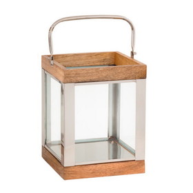Benjara BM205197 Wood and Metal Lantern with Glass Panel Inserts, Small, Brown and Clear