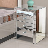 Benjara BM205620 Mirrored Wooden Night Table with 3 Storage Drawers and Knobs, Silver