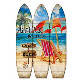 Benjara BM205780 Lounge and Umbrella Print Surfboard Shaped 3 Panel Room Divider, Multicolor