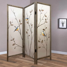 Benjara BM205893 Art Styled 3 Panel Wooden Screen with Hand painted Fabric Design, Beige
