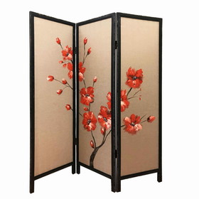 Benjara BM205894 3 Panel Wooden Screen with Hand painted Fabric Design, Red and Brown