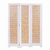 Benjara BM205897 Transitional 3 Panel Wooden Screen with Wicker Paneling, White and Brown