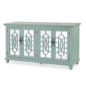 Benjara BM205971 Trellis Front Wood and Glass TV stand with Cabinet Storage, Mint Green