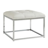 Benjara BM206523 Leatherette Metal Frame Ottoman with Tufted Seating, White and Silver