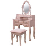 Benjara BM207329 7 Drawers Wooden Frame Vanity Set with Stool and Cabriole Legs in Rose Gold
