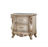 Benjara BM207490 2 Drawer Nightstand With Raised Scrolled Floral Moulding, White