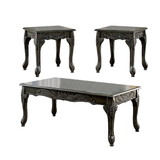 Benjara BM207976 3 Piece Table Set with Cabriole Legs and Wooden Floral Motifs, Gray