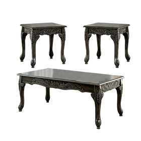 Benjara BM207976 3 Piece Table Set with Cabriole Legs and Wooden Floral Motifs in Gray