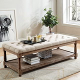 Benjara BM208033 Button Tufted Fabric Upholstered Bench with Bottom Shelf in Beige and Brown