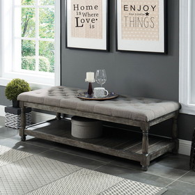 Benjara BM208034 Fabric Upholstered Bench with Button Tufted Seat and Bottom shelf in Gray