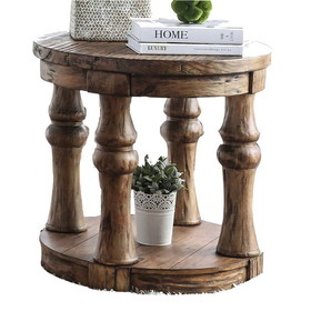 Benjara BM208118 Transitional Round End Table with Open Shelf and Turned Legs, Antique Oak