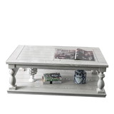 Benjara BM208126 Plank Top Coffee Table with Open Shelf and Turned Legs in Antique White