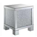 Benjara BM208170 Wooden End Table with Infused Crystals on Mirrored Panel, Silver and Clear