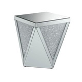 Benjara BM208171 Wooden End Table with Triangular Infused Crystal Details, Silver and Clear