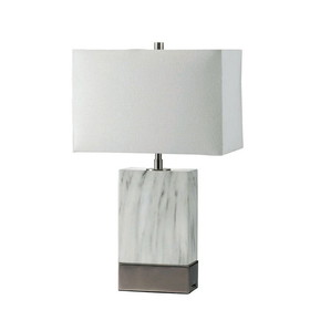 Benjara BM209011 Table Lamp with Pillar Marble Base and USB Plug in , Silver and White
