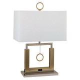 Benjara BM209028 27 Inch Square Table Lamp, Pull chain Switch, Metal Frame, White, Gold
