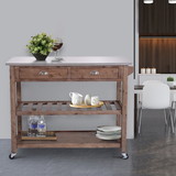 Benjara BM209090 2 Drawers Wooden Kitchen Cart with Metal Top and Casters, Gray and Brown