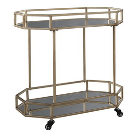 Benjara BM209342 Octagonal Metal Bar Cart with Mirrored Top and Bottom in Silver and Gold