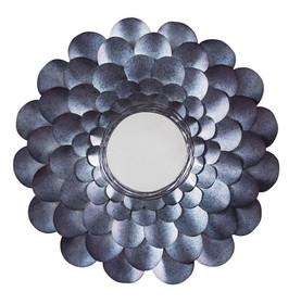 Benjara BM209357 Round Metal Accent Mirror with Blooming Flower Shape in Blue and Silver