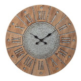 Benjara BM209368 Round Wooden Frame Wall Clock with Metal Accents in Brown and Gray