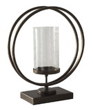 Benjara BM209414 Round Metal Candle Holder with Rectangular Base in Brown and Clear