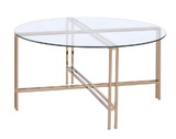 Benjara BM209587 Coffee Table with X Shaped Metal Base and Round Glass Top, Gold