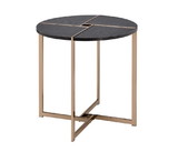 Benjara BM209591 End Table with X Shaped Metal Base and Round Wooden Top, Gold and Gray