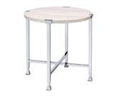 Benjara BM209593 End Table with X Shaped Metal Base and Round Wooden Top, Silver and Beige