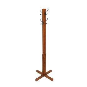 Benjara BM210430 Wooden Coat Stand with X Frame Base and Metal Hooks, Oak Brown