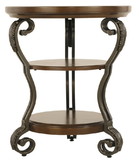 Benjara BM210676 Chair Side End Table with 2 Open Shelves and Scrolled Metal Base, Brown