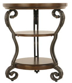 Benjara BM210676 Chair Side End Table with 2 Open Shelves and Scrolled Metal Base in Brown