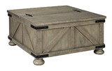 Benjara BM210778 Farmhouse Cocktail Table with Lift Top Storage and Crossbuck details in Gray