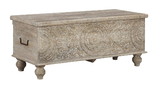 Benjara BM210821 Medallion Pattern Wooden Storage Bench with Hinged Opening in White