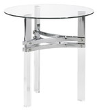 Benjara BM210862 Round Glass Top End Table with Straight Acrylic Legs in Clear and Chrome