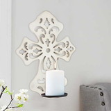 Benjara BM211079 Cross Shaped Wooden Candle Holder with Scrolled Engravings, White