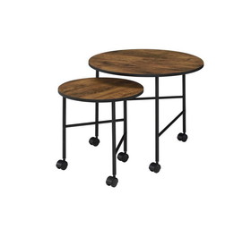 Benjara BM211088 2 Piece Round Nesting End Table with Casters in Oak Brown and Black