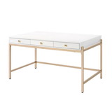 Benjara BM211108 Wooden Desk with 3 Drawers and Metal Frame, Glossy White and Gold
