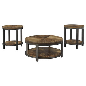 Benjara BM213261 Round Metal Frame Table Set with Wooden Top and Open Bottom Shelf in Brown