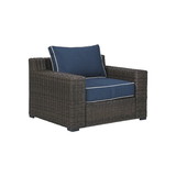 Benjara BM213304 Resin Wicker Woven Lounge Chair with Track Armrests, Blue and Brown